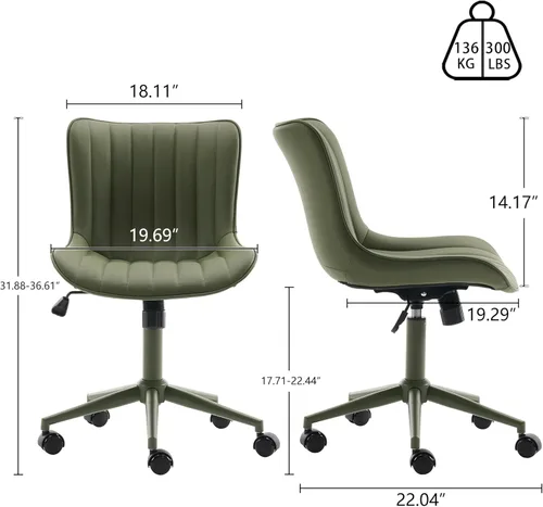 Miniatura 2 de YOUNIKE Silla de Escritorio Verde para Oficina en Casa con Ruedas Sin Brazos Compacta Cómoda Silla de Tocador con Respaldo Ajustable Moderna Pequeña