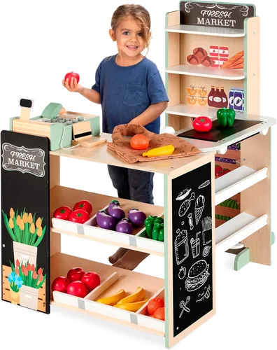 Best Choice Products Juego de juguetes de supermercado de madera para niños con comida de juego, pizarra, caja registradora, transportador de Natural