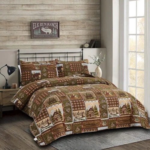 Miniatura 2 de Juego de edredón de oso de alce tamaño individual, juego de ropa de cama rústica de cabaña a cuadros, colcha reversible para el hogar, colcha