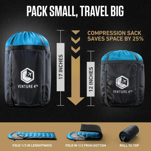 Miniatura 6 de VENTURE 4TH Saco de dormir para mochileros – XXL, tamaños dobles e individuales – Saco de dormir ligero para clima cálido y frío para adultos, niños