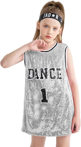 LOLANTA Ropa de baile Hip Hop para niñas, vestido de lentejuelas para niños, camiseta larga sin mangas, camiseta de animadora de jazz