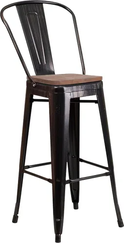 Miniatura 3 de Merrick Lane Amsterdam Taburete de bar – Silla de bar de metal negro antiguo con asiento de madera – Taburete de cocina con respaldo curvado