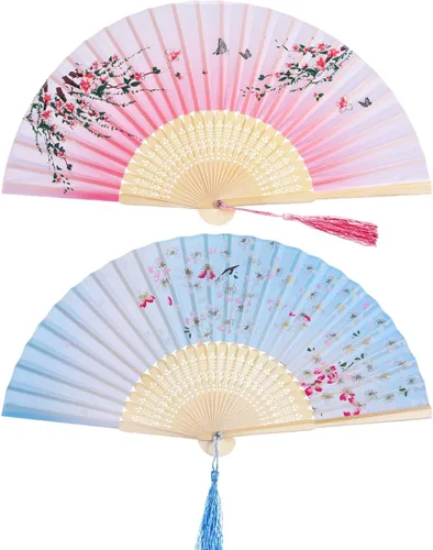 Miniatura 11 de Hotop 2 abanicos de mano plegables de seda con marcos de bambú para mujeres, color rosa y azul, portátil, artesanías chinas para bailar, accesorios