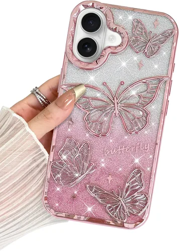 Miniatura 10 de BITOBE Diseñada para iPhone 15 Pro Max, bonita funda de mariposa 3D chapada en purpurina delgada para mujeres y niñas, protección de cámara, Negro