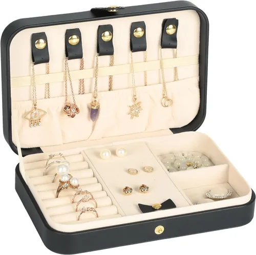 Miniatura 44 de Joyero pequeño, joyero de viaje portátil para mujer, mini organizador de viaje de 2 capas, regalo para mujeres y niñas, negro A