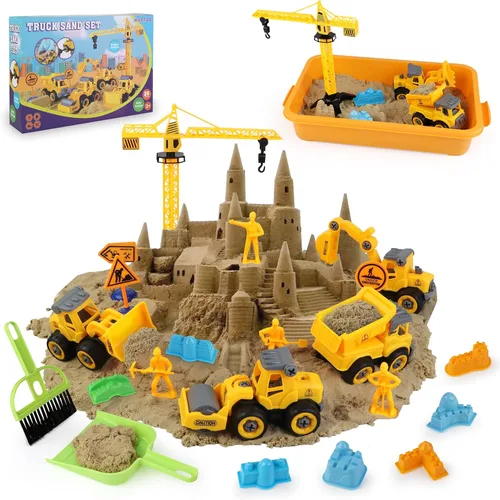 Kit de construcción de arena, caja de arena, arena mágica de 2.2 libras con 4 camiones de construcción desmontables, grúa torre, 8 moldes de arena,