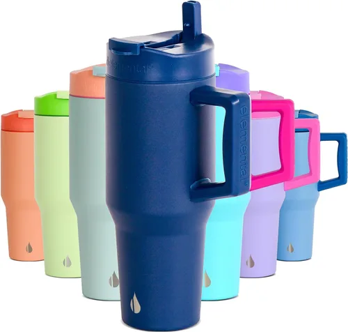 Miniatura 44 de Elemental Vaso de 40 onzas con asa y popote - A prueba de derrames, aislado de acero inoxidable para uso diario - Taza de café de viaje con 2