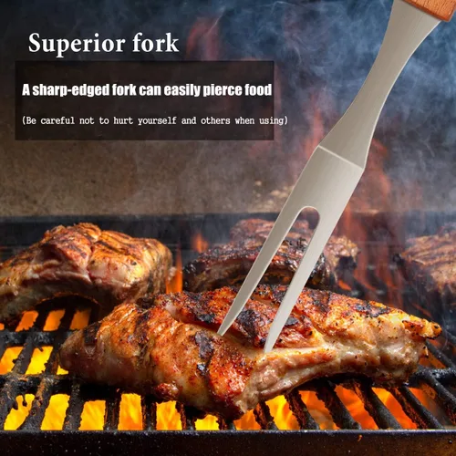 Miniatura 6 de IMAGE Accesorios de barbacoa de madera, herramientas de barbacoa de acero inoxidable, juego de utensilios de parrilla para parrilla al aire libre