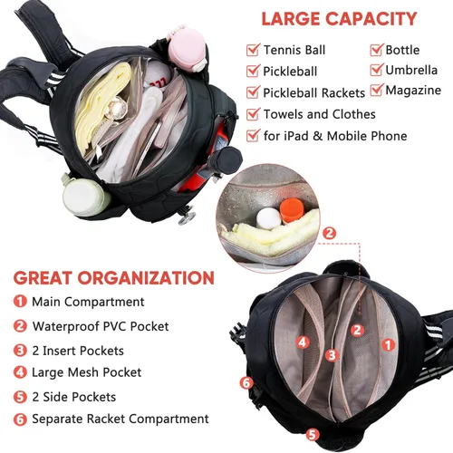 Miniatura 4 de Bolsa de tenis acolchada para mujer – Mochila de tenis y bandolera Capacidad para 2 raquetas o 3 paletas de pickleball Bolsa ligera para raqueta