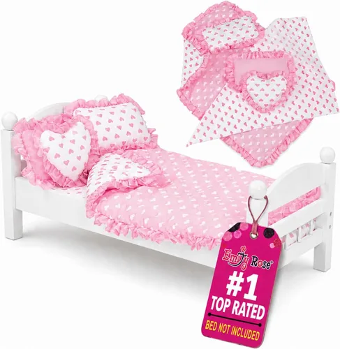 Miniatura 11 de Emily Rose Juego de ropa de cama reversible floral de 18 pulgadas, ropa de cama de muñecas de 5 piezas con edredón con volantes, sábana y almohadas