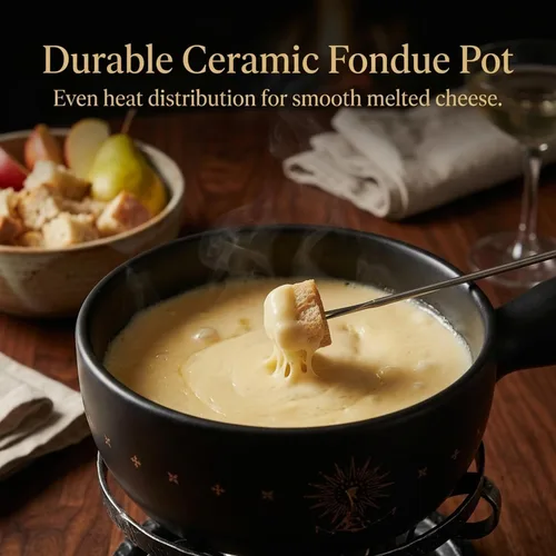 Miniatura 3 de Artestia Juego de ollas de cerámica para fondue de 2.11 cuartos de galón, soporte de metal con 6 tenedores de fondue y patrón de Alpes suizos