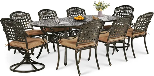 Miniatura 28 de Juego de comedor de patio de 9 piezas, mesa y sillas de patio al aire libre, mesa de comedor ovalada de aluminio fundido de 84 pulgadas con agujero