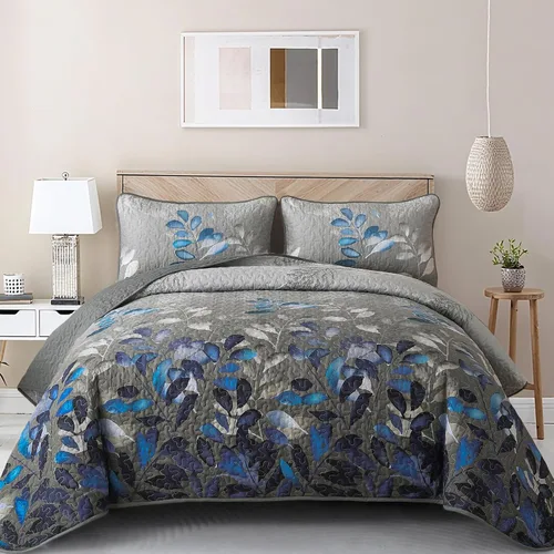 Miniatura 8 de WONGS BEDDING Juego de edredón floral tamaño Queen, 3 piezas, colcha con hojas botánicas en color agua, juego de edredón con 2 fundas de almohada