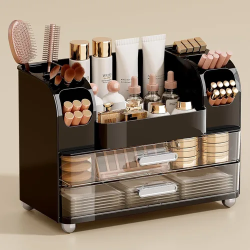 Miniatura 9 de UFORU Organizador de maquillaje para tocador con 2 cajones grandes, vitrina de cosméticos con soportes para cepillos, fácil de almacenar