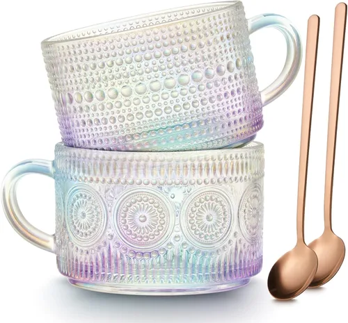 Miniatura 9 de Mfacoy Juego de 2 tazas de café vintage, tazas de vidrio en relieve de 14 onzas con asa, tazas transparentes para capuchino, latte, cereales, yogur