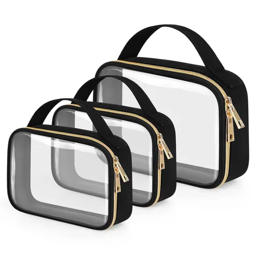 Miniatura 27 de Bolsa de aseo transparente Wedama, paquete de 2 bolsas de maquillaje transparentes con asas, bolsas cosméticas de PVC para mujeres y hombres, bolsas
