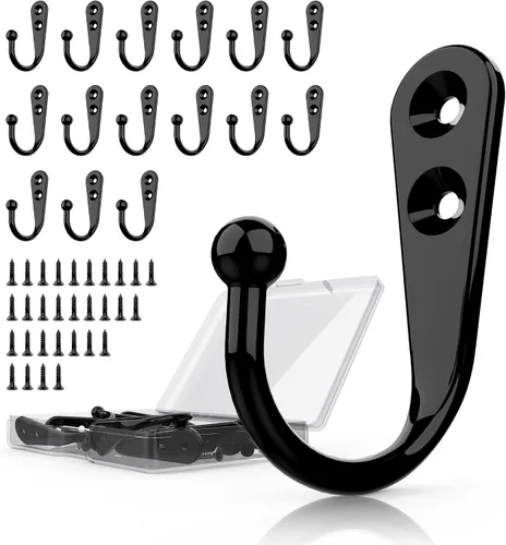 Miniatura 10 de Ganchos de pared de metal resistentes para abrigos, paquete de 10 ganchos negros montados en la pared con 20 tornillos, ganchos dobles para abrigo