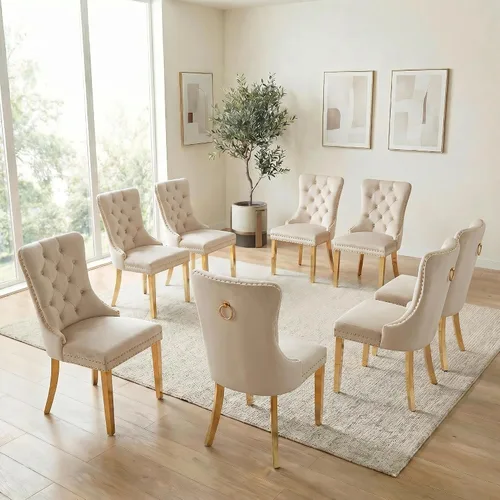 Miniatura 32 de Juego de 6 sillas de comedor de terciopelo, sillas tapizadas con respaldo alto capitoné con ribete de cabeza de clavo y anillo de tracción, patas
