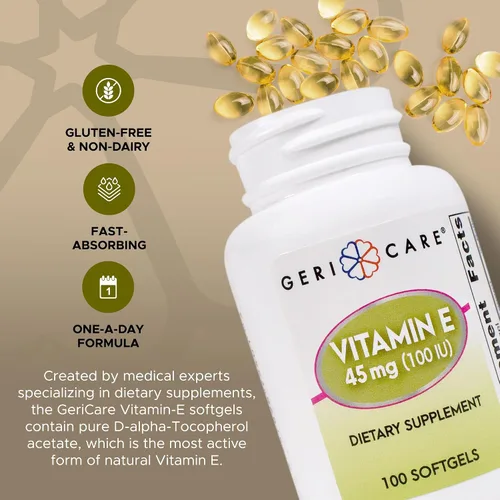 Miniatura 3 de GeriCare Cápsulas de vitamina E de alta potencia – 100 UI para la piel y el apoyo inmunológico, 45 mg 100 unidades Vitamina E orgánica