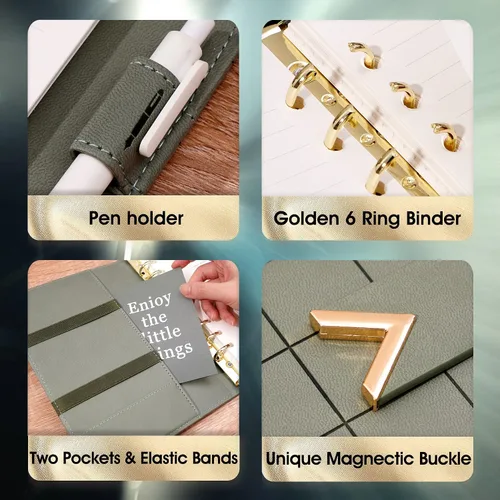 Miniatura 3 de CAGIE Carpeta A5 con 6 anillas rellenable, cuaderno de cuero encuadernado en espiral para planificador de negocios, organizador personal, cuadernos