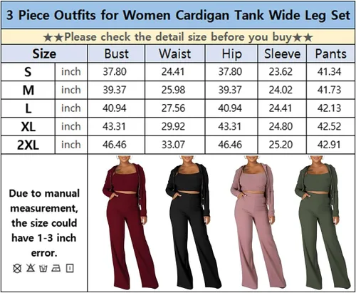 Miniatura 5 de WUSENST Women 3 Piece Outfits Ribbed Knit Long Cardigan Crop Tank Top Wide Leg Palazzo Pant Lounge Sets