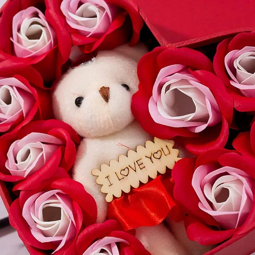 Miniatura 8 de Surakey Caja de regalo de rosas románticas con bonito oso de peluche y etiqueta I Love You en forma de corazón, pétalo de cuerpo de baño perfumado