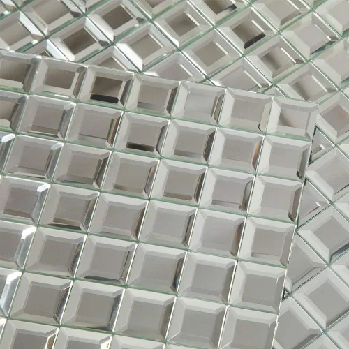 Miniatura 8 de Mosaico de cristal de espejo, 5 caras cuadradas biseladas de cristal plateado espejo de 12 x 12 pulgadas sin costuras para cocina y baño, 5 hojas
