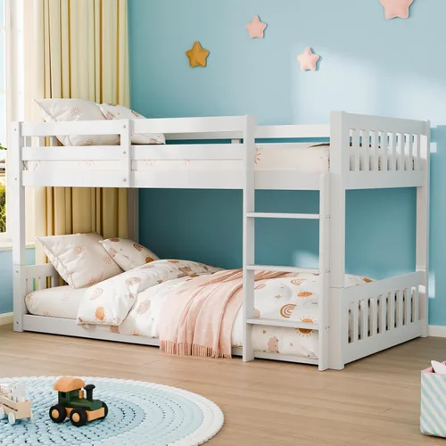 Miniatura 10 de JOYMOR Litera baja de madera maciza individual sobre individual para niños/jóvenes, marco de cama con barandillas y escalera para niños y niñas,