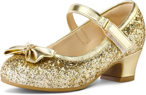 K KomForme Mary Jane - Zapatos de vestir para niña con purpurina de 1.5 pulgadas, tacón bajo, para boda, fiesta, princesa, zapatos para niños
