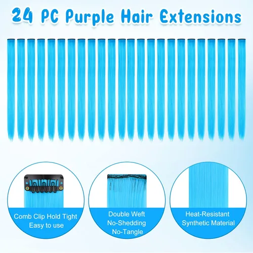 Miniatura 2 de Kyerivs 24 Extensiones de Cabello Azul de 20 Pulgadas con Pinza Arcoíris, Extensiones Sintéticas Lacias para Niñas, Accesorios de Cabello Coloridos