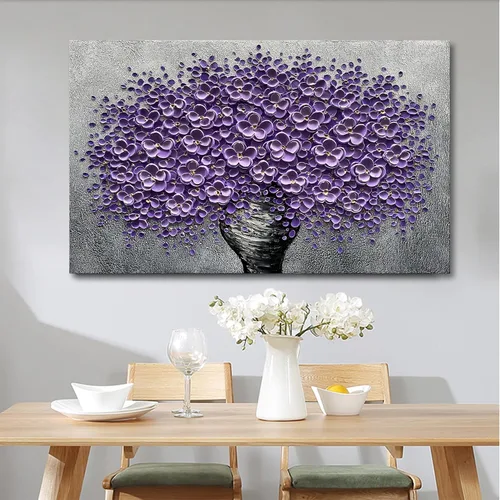 Miniatura 3 de Epicler art Pintura al óleo decorativa de flores 3D moradas pintadas a mano, arte de pared decorativo de pared de flores, arte moderno, sala