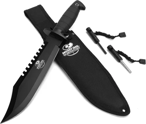 Cuchillo de supervivencia Mossy Oak de hoja fija de 38 cm con funda, cuchillo táctico Bowie con afilador y arrancador de fuego para camping, al aire