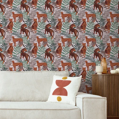 Miniatura 5 de CRE8TIVE Papel tapiz de animales de tigre y leopardo, hojas exóticas de selva tropical, papel tapiz de despegar y pegar, papel tapiz de 12 x 118