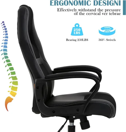 Miniatura 5 de Silla ergonómica para juegos de PC, respaldo alto, con soporte lumbar, reposabrazos ajustable, de piel sintética, giratoria, escritorio de oficina