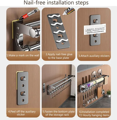 Miniatura 6 de Soporte de pared para cuchillos colgantes de pared, ahorra espacio, con ganchos, organizador de cocina, estante de almacenamiento para utensilios