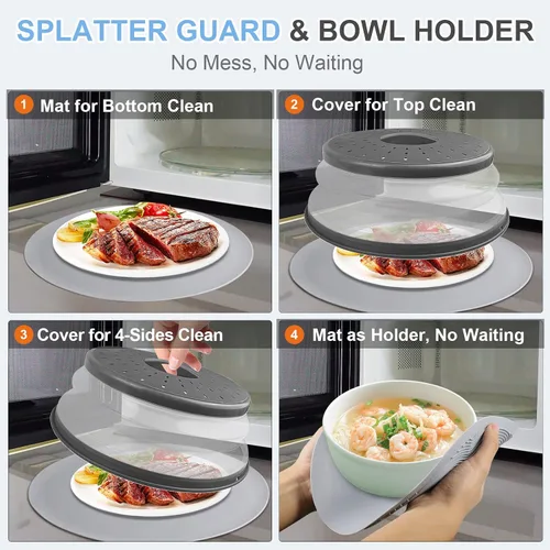 Miniatura 3 de LekDrok - Paquete de 2 fundas para alimentos para microondas con tapete de 10 pulgadas, tapete como soporte para tazón, cubierta para protector