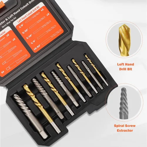 Miniatura 2 de Juego de 10 piezas de extractor de tornillos pelados, brocas de mano izquierda de acero Cr-Mo 35# y HSS 6542 Cobalto Kit de extracción