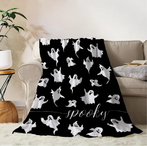 YeeJu Manta de Halloween pequeña de fantasma espeluznante negro, manta de Halloween para bebé, manta acogedora suave y ligera de felpa de forro