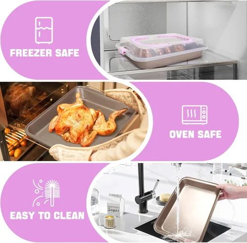 Miniatura 2 de Molde rectangular para pasteles con tapa, bandeja para hornear de 9 x 13 pulgadas con tapa y asa, antiadherente para hornear y asar y cocinar