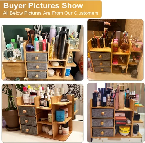 Miniatura 9 de Organizador de maquillaje grande de bambú para tocador, organizador de baño de bambú de 3 niveles de gran capacidad y almacenamiento, soporte