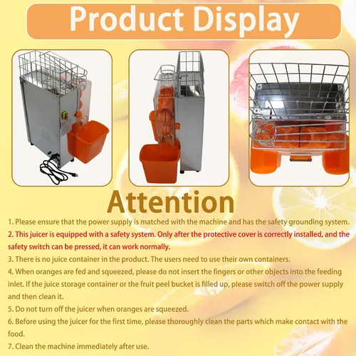 Miniatura 9 de Máquina exprimidora naranja comercial de 110 V, extractor automático de acero inoxidable naranja con engranajes de acero, 2 cáscaras que recogen