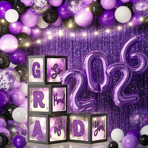 Decoraciones de graduación 2026: 86 piezas de suministros de decoración para fiesta de graduación, incluye cuerdas de luz LED, cajas de bloque de