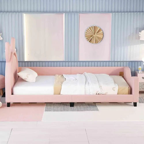 Miniatura 5 de Sofá cama con cabecero, cámaras en forma de conejo, base de cama de madera con plataforma individual para niñas y niños, bonito sofá cama tapizado