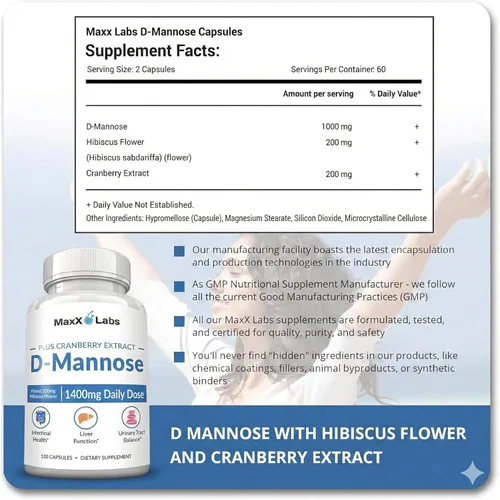 Miniatura 5 de Cápsulas de D-Manosa MaxX Labs - Cápsula de D-Manosa Extra Fuerte de Acción Rápida de 1400 MG para la Salud de la Vejiga con Potente Extracto
