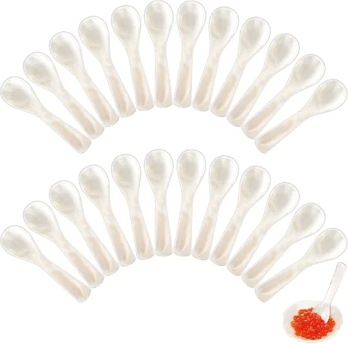 Miniatura 8 de Cucharas de caviar con mango redondo de madreperla, hechas a mano, para caviar, huevo, helado, sal, café, juego de 12 piezas para restaurante