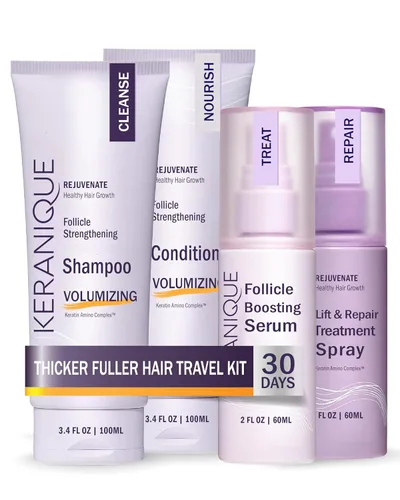Keranique Set de productos para el cabello adelgazante – Champú voluminizador, acondicionador, suero de refuerzo de folículos, spray para impulso de
