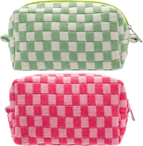 Miniatura 35 de PAZIMIIK Bolsa de Maquillaje a Cuadros para Bolso Portátil con Cremallera, Estuche Pequeño de Cosméticos para Accesorios de Viaje, Azul Ártico