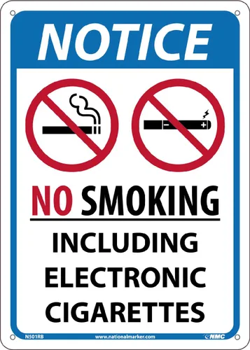 NMC National Marker Corp. N501RB Aviso de no fumar incluyendo cigarrillos electrónicos, 14 pulgadas x 10 pulgadas, plástico rígido 0.050