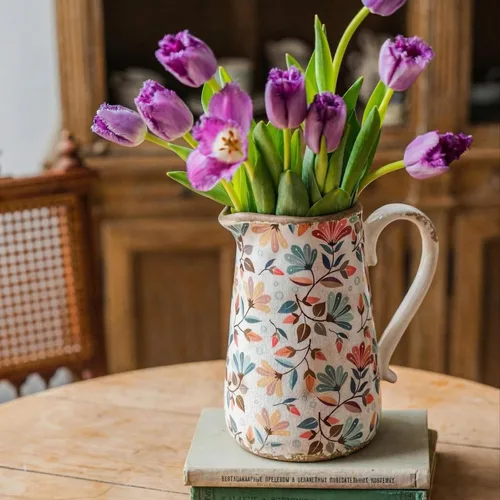Jarrón de cerámica vintage con diseño de flores coloridas con asa, jarrón retro esmaltado con hielo para decoración del hogar, sala de estar, Flor