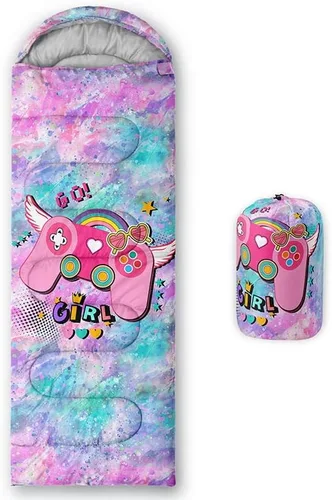 Saco de dormir para niñas, diseño de acuarela con consola de juegos, ligero, cálido, para exteriores, interiores, impermeable, resistente al frío,